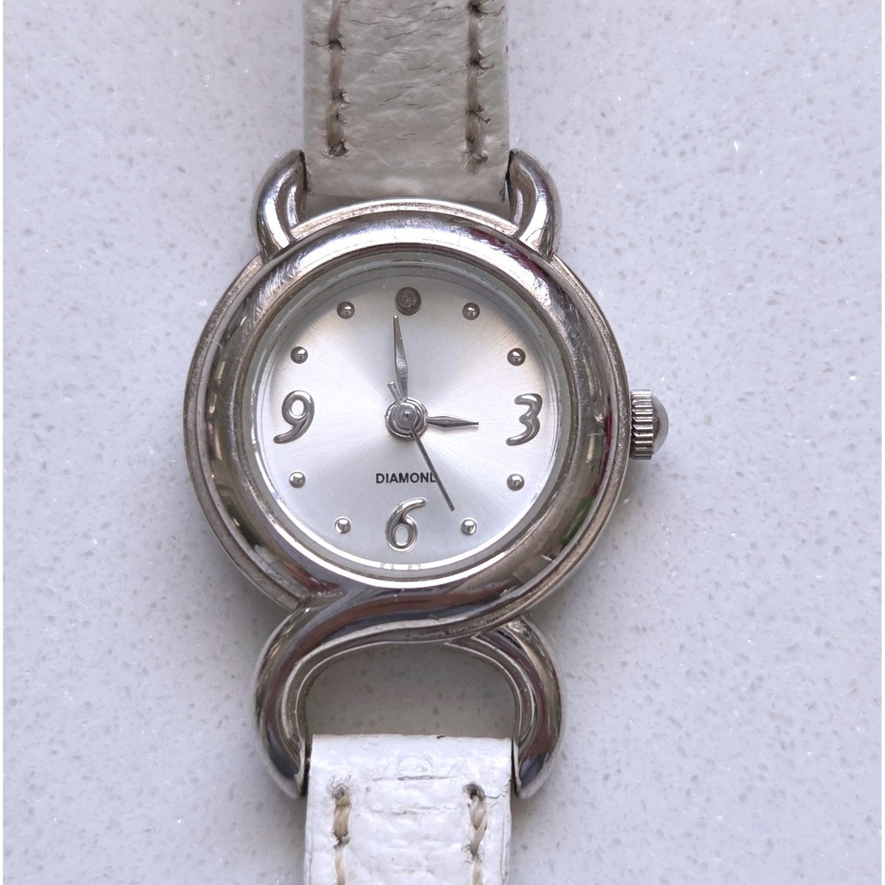 VTG Avon Moon Phase Diamond Silver Tone Watch White Leather Strap Japan Movt
